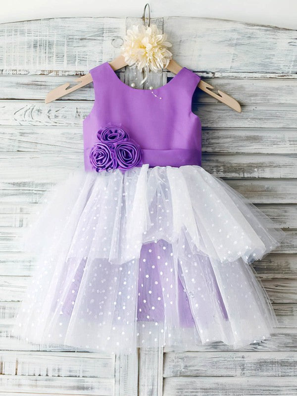 Fabulous Tiered Crew Sleeveless Ball Gown Satin Tulle Flower Girl Dresses with Handmade Flowers