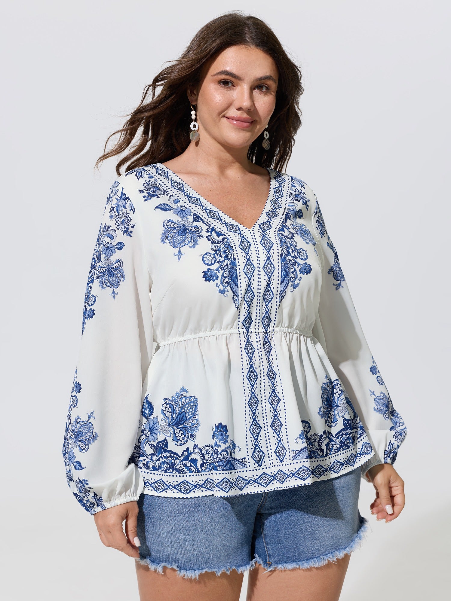 Porcelain Floral Print V Neck Chiffon Blouse