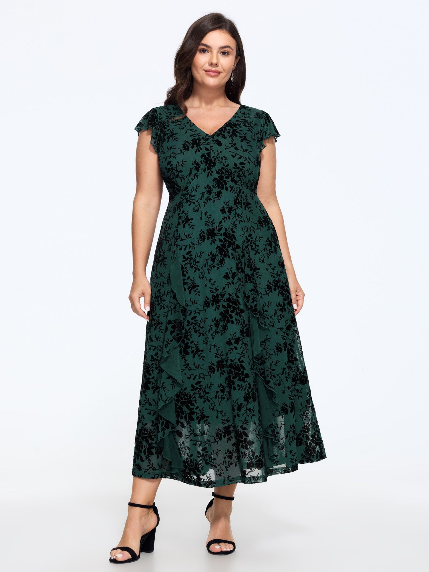 Flocking Floral Flutter Sleeve Ruffle Side Midi Dress