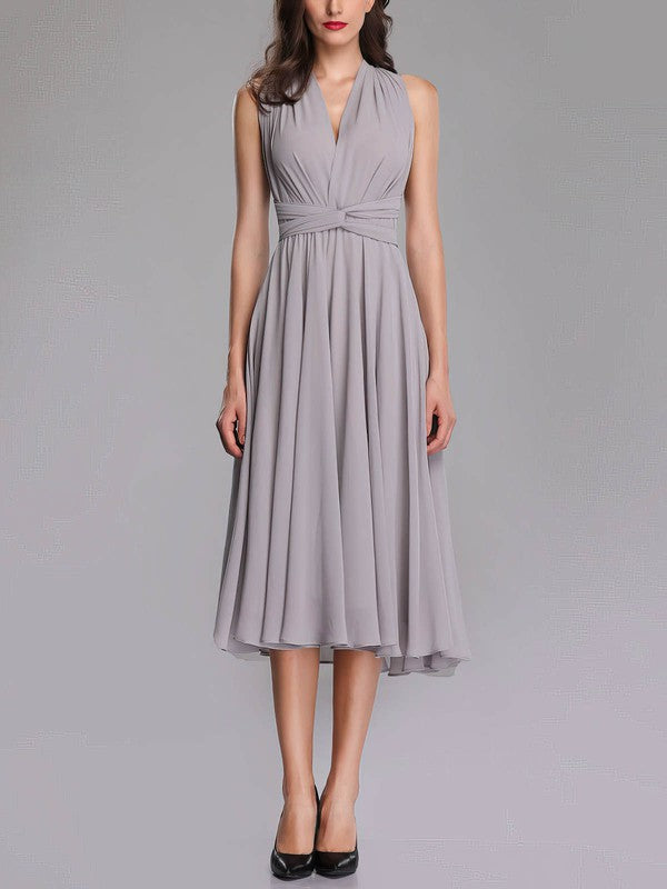 Beautiful A-Line Sleeveless V-Neck Chiffon Tea-Length Bridesmaid Dresses with Ruffles