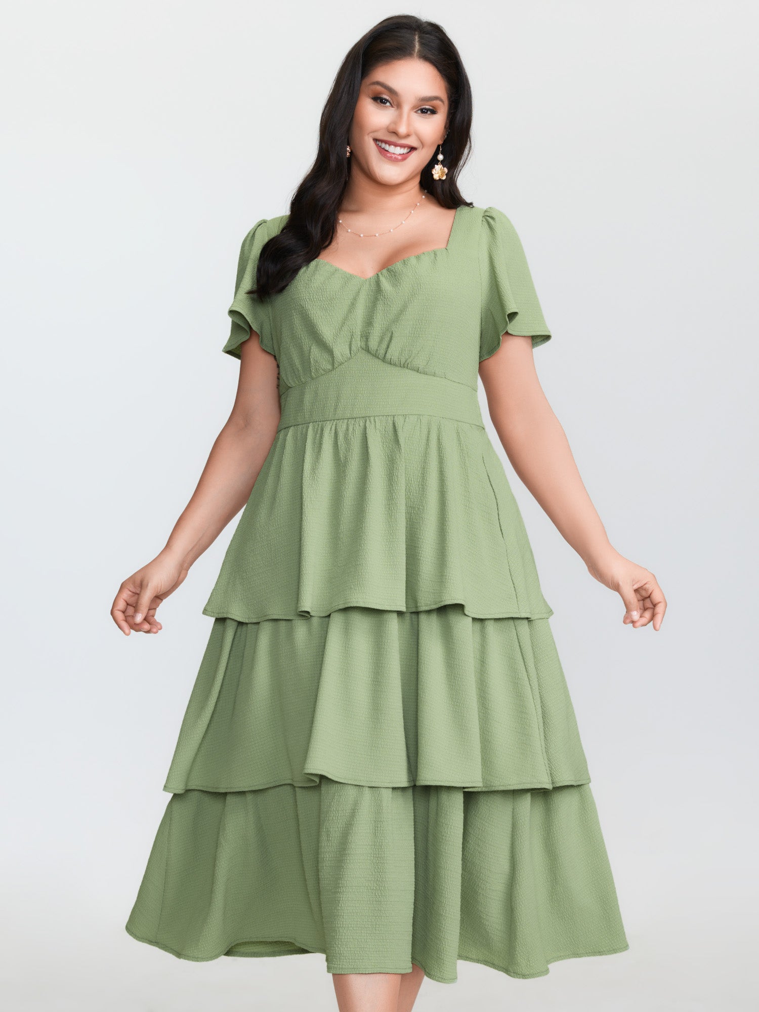 Layered Triangular Waist Shirred Midi Dress