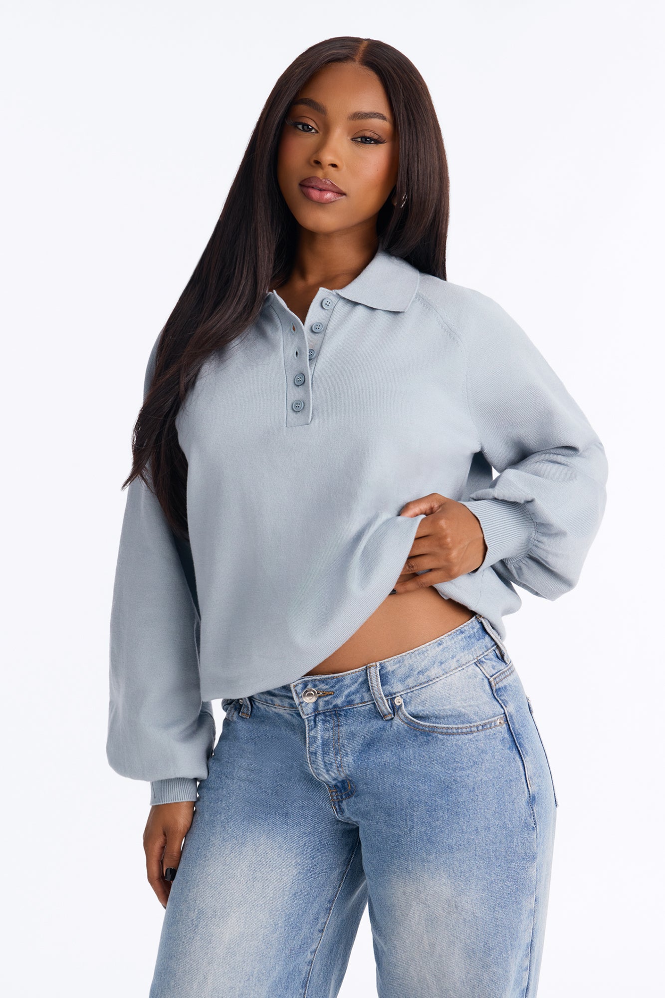 Cozy Obsession Cinch Hem Polo Sweater - Light Blue