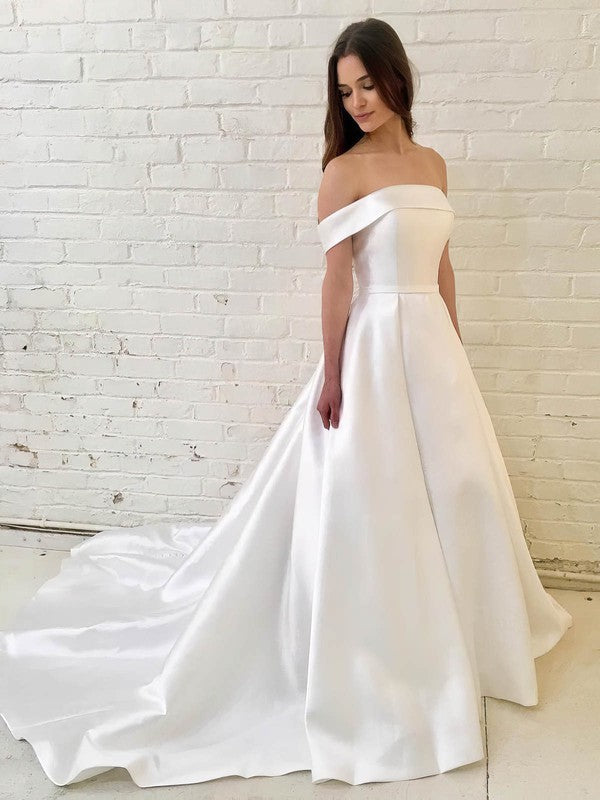 Deluxe Off-The-Shoulder Satin Court Train Wedding Dresses