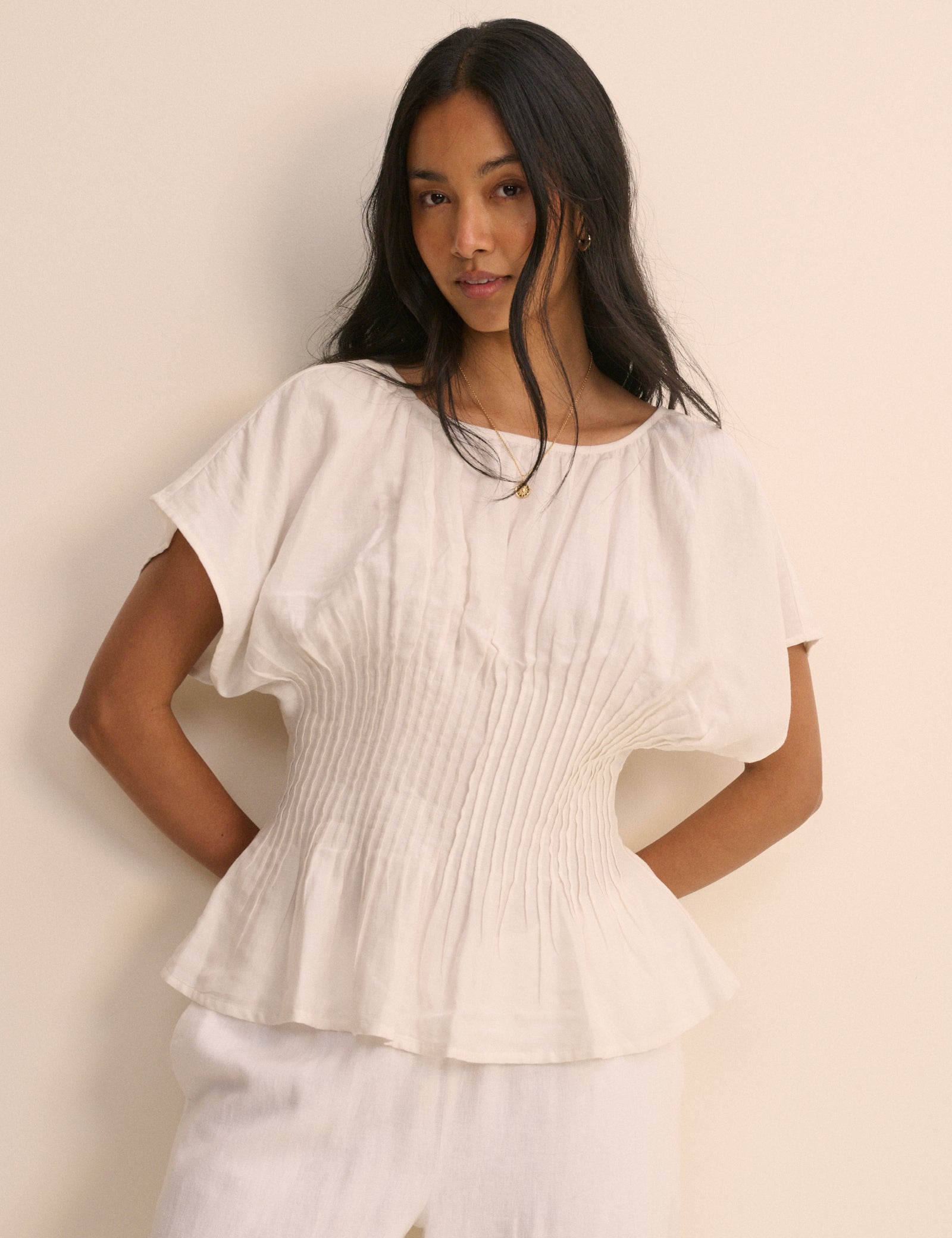 Cream Pintuck Short Sleeve Top