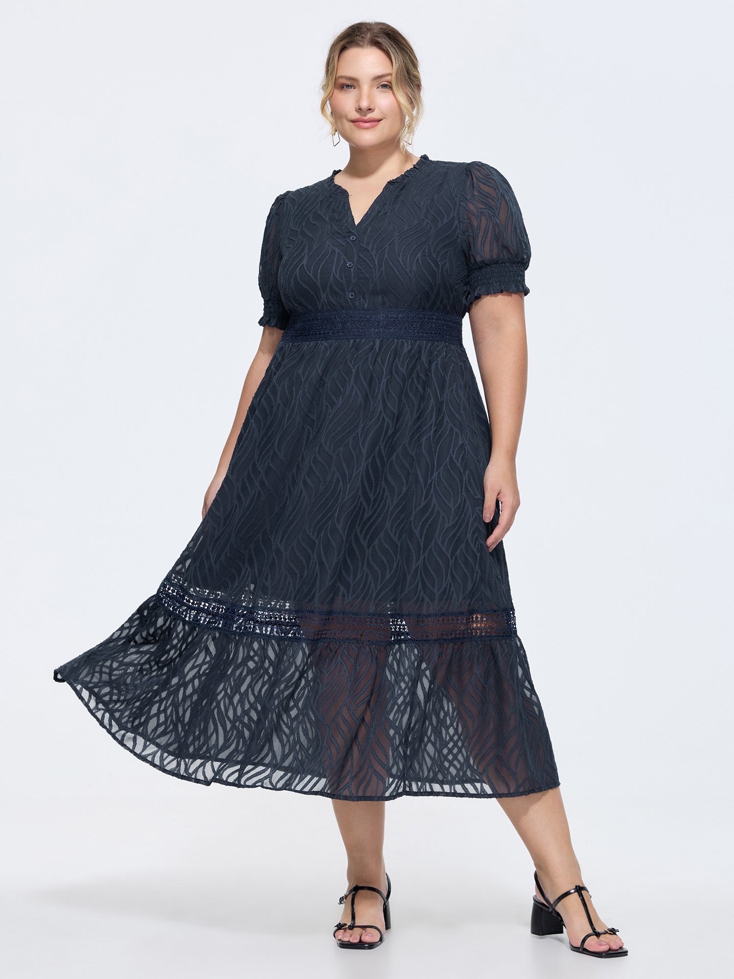 Lace Ruffled Hem Puff Sleeve Midi Dress