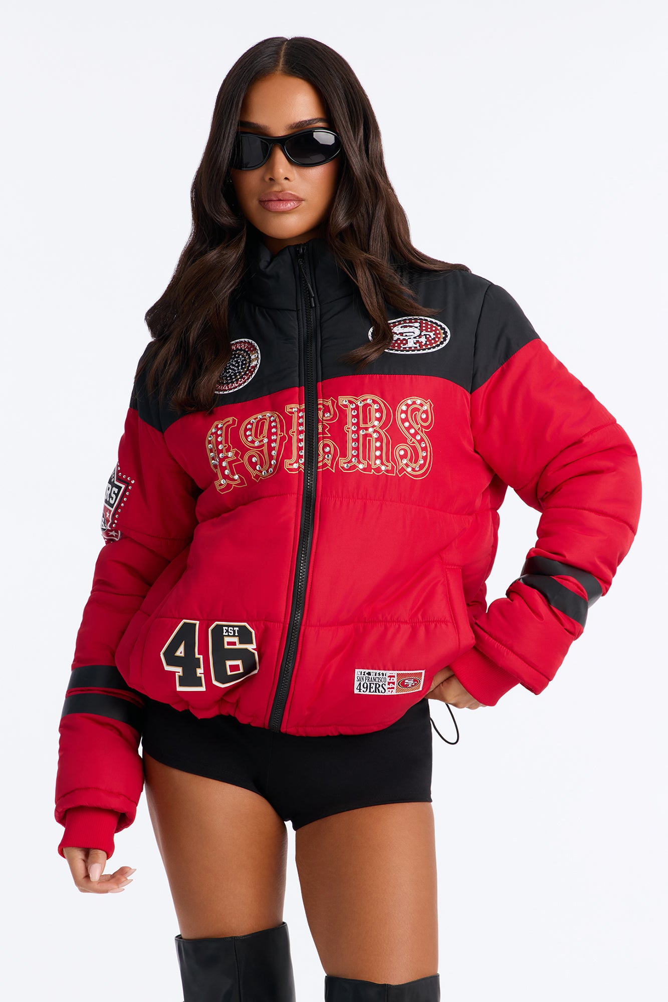 NFL San Francisco 49er's Rhinestone Trim Puffer Jacket - Red