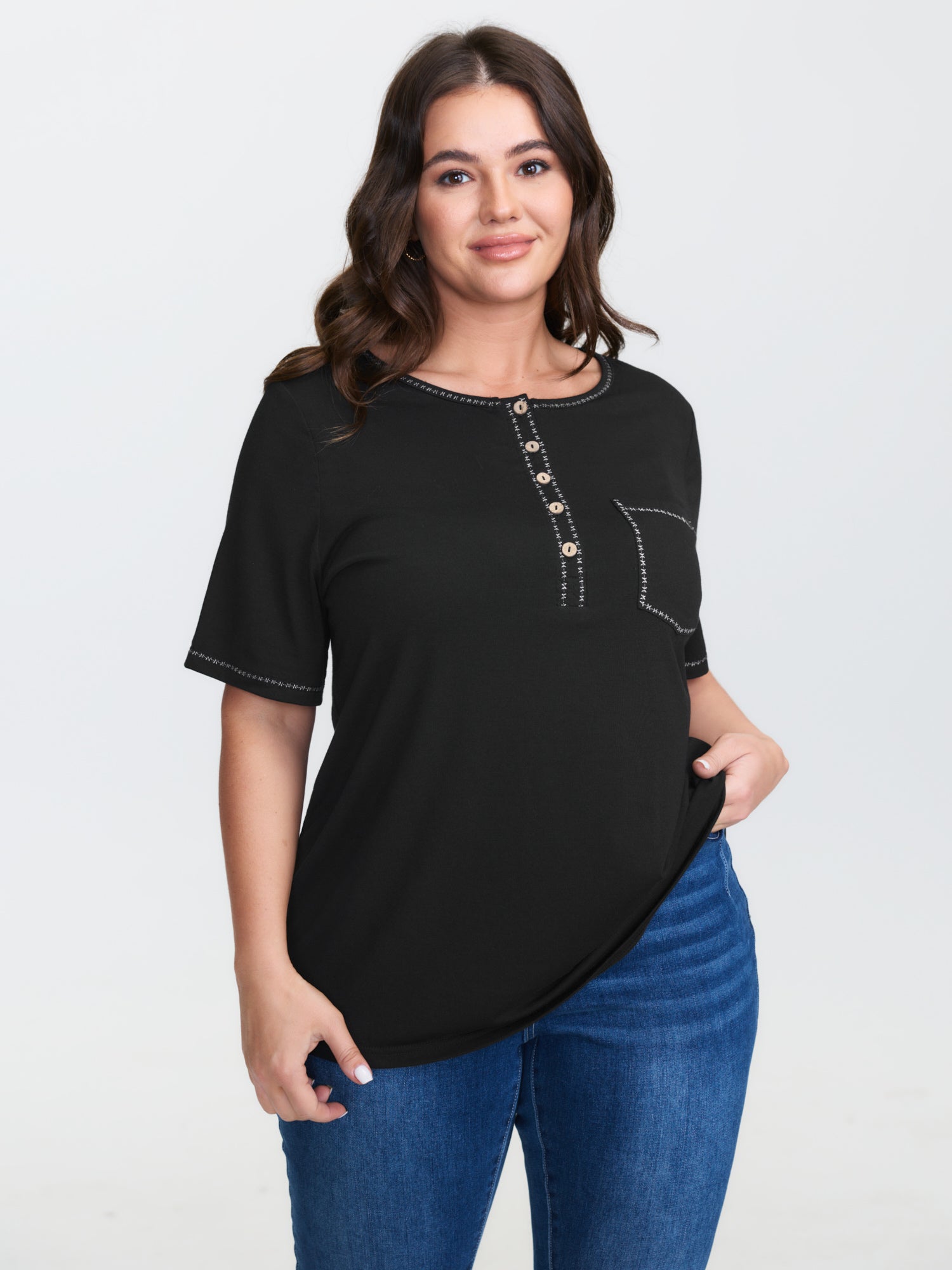 Stretchy Button Placket Plain T-Shirt