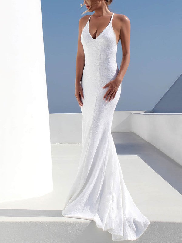 Chic V-Neck Sleeveless Mermaid Wedding Dresses with Sweep Train