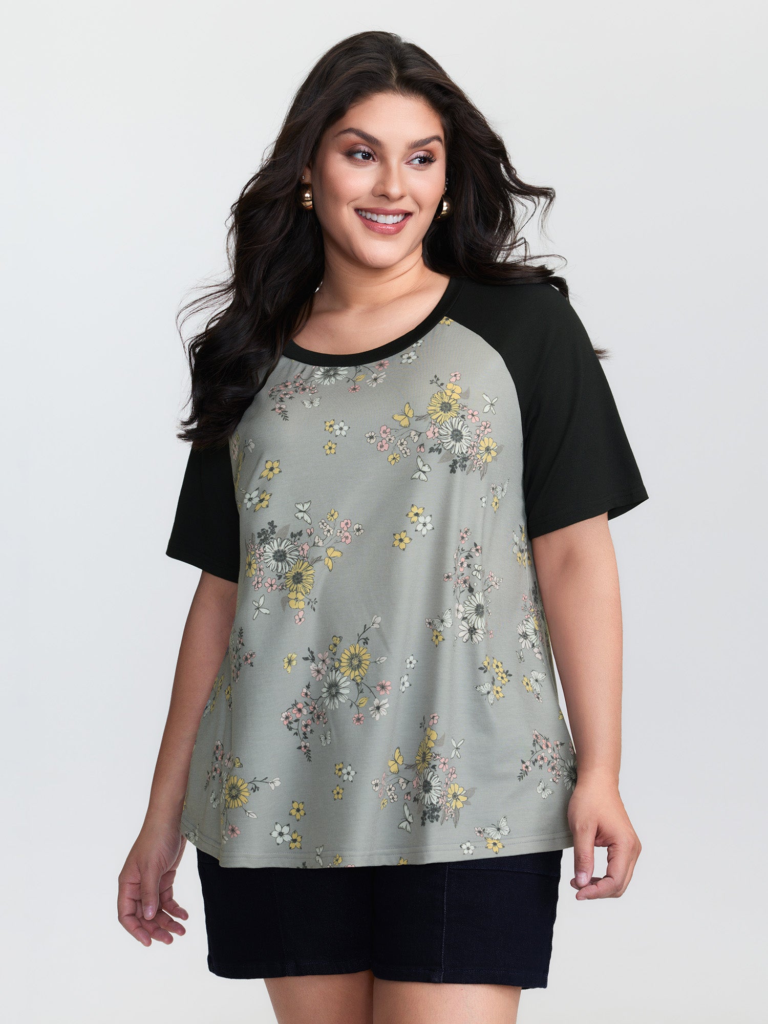 Floral Print Contrast Raglan Sleeve T-Shirt