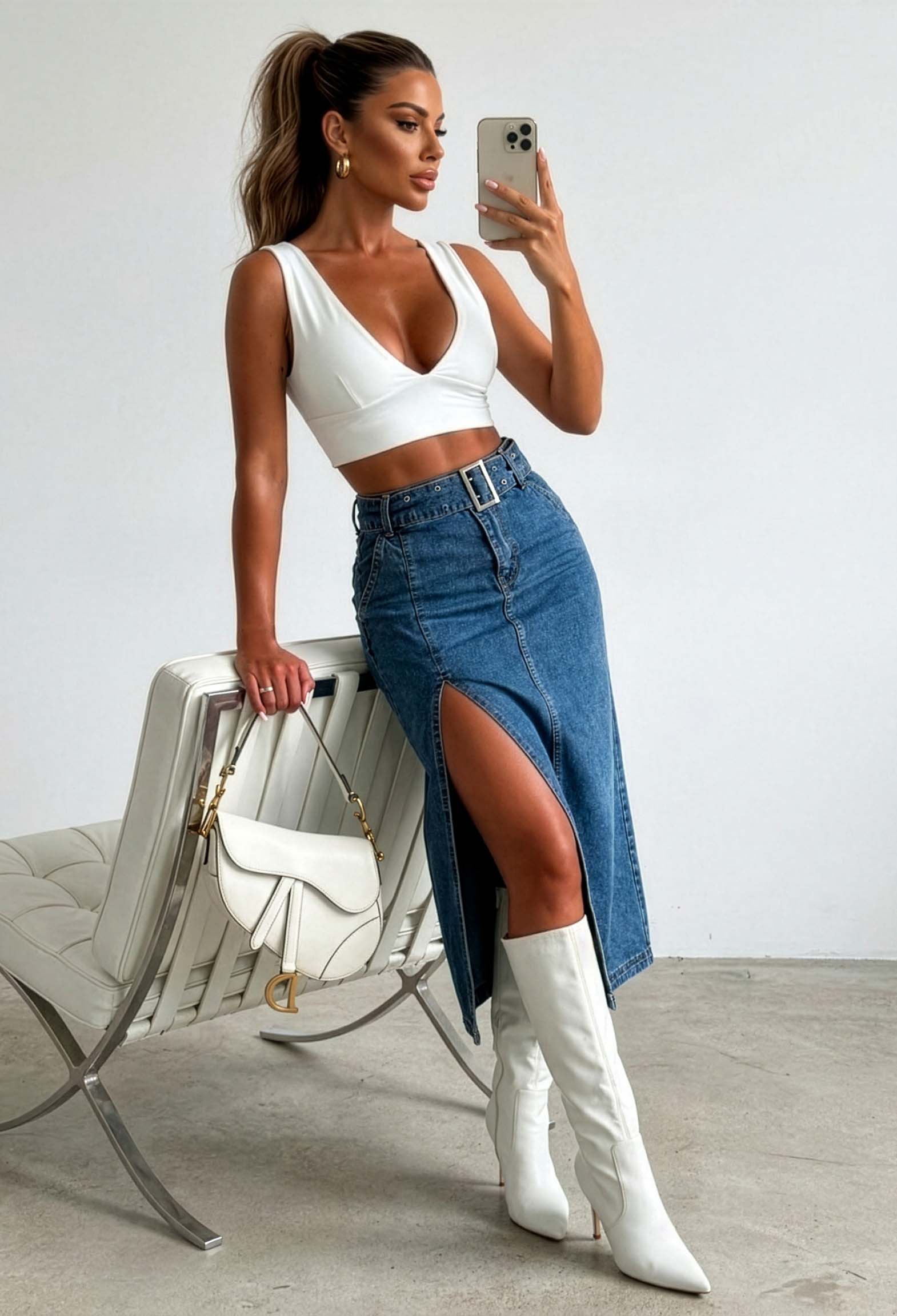 Ellie Mid Blue Stretch Denim Belted Midi Skirt