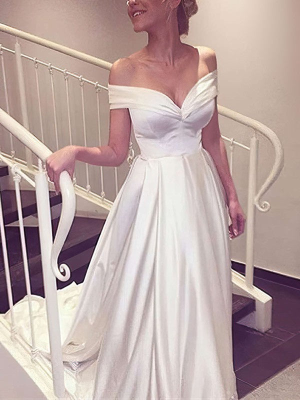 Stylish Off-The-Shoulder V-Neck Satin Sweep Train Wedding Dresses with Ruffles