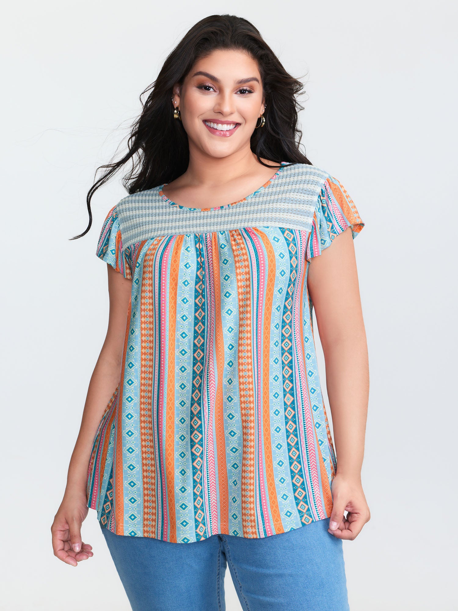 Geometric Print Ruffled Sleeve Knit Top