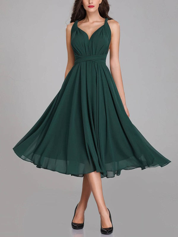 Classic A-Line V-Neck Sleeveless Chiffon Tea-Length Bridesmaid Dresses