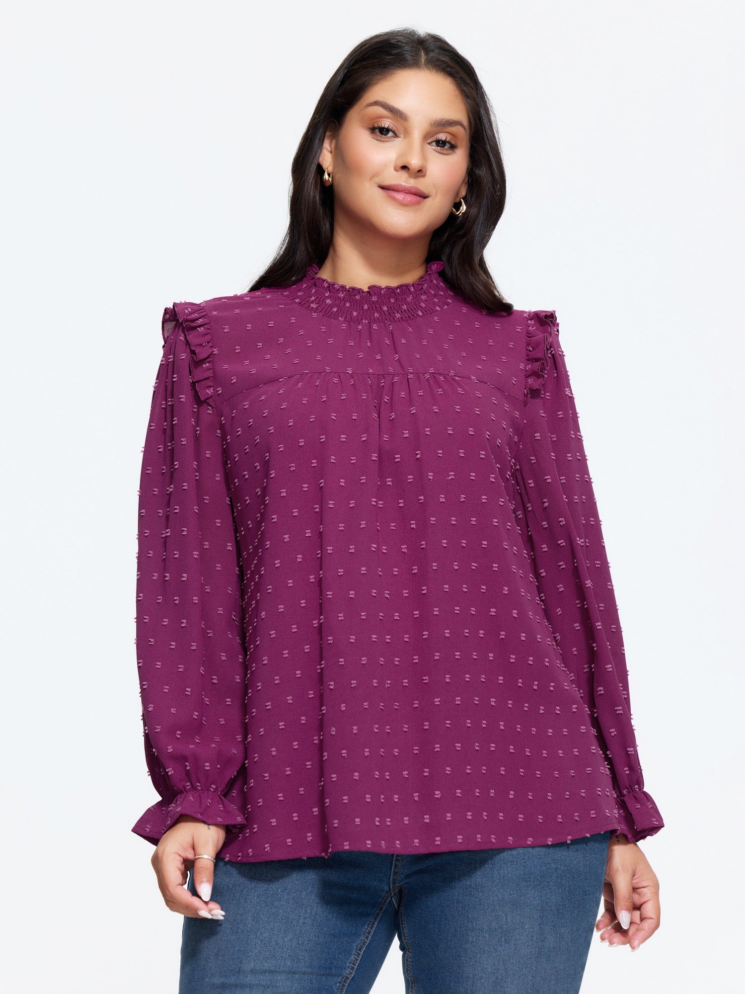 Textured Ruffle Shirred Mock Neck Blouse