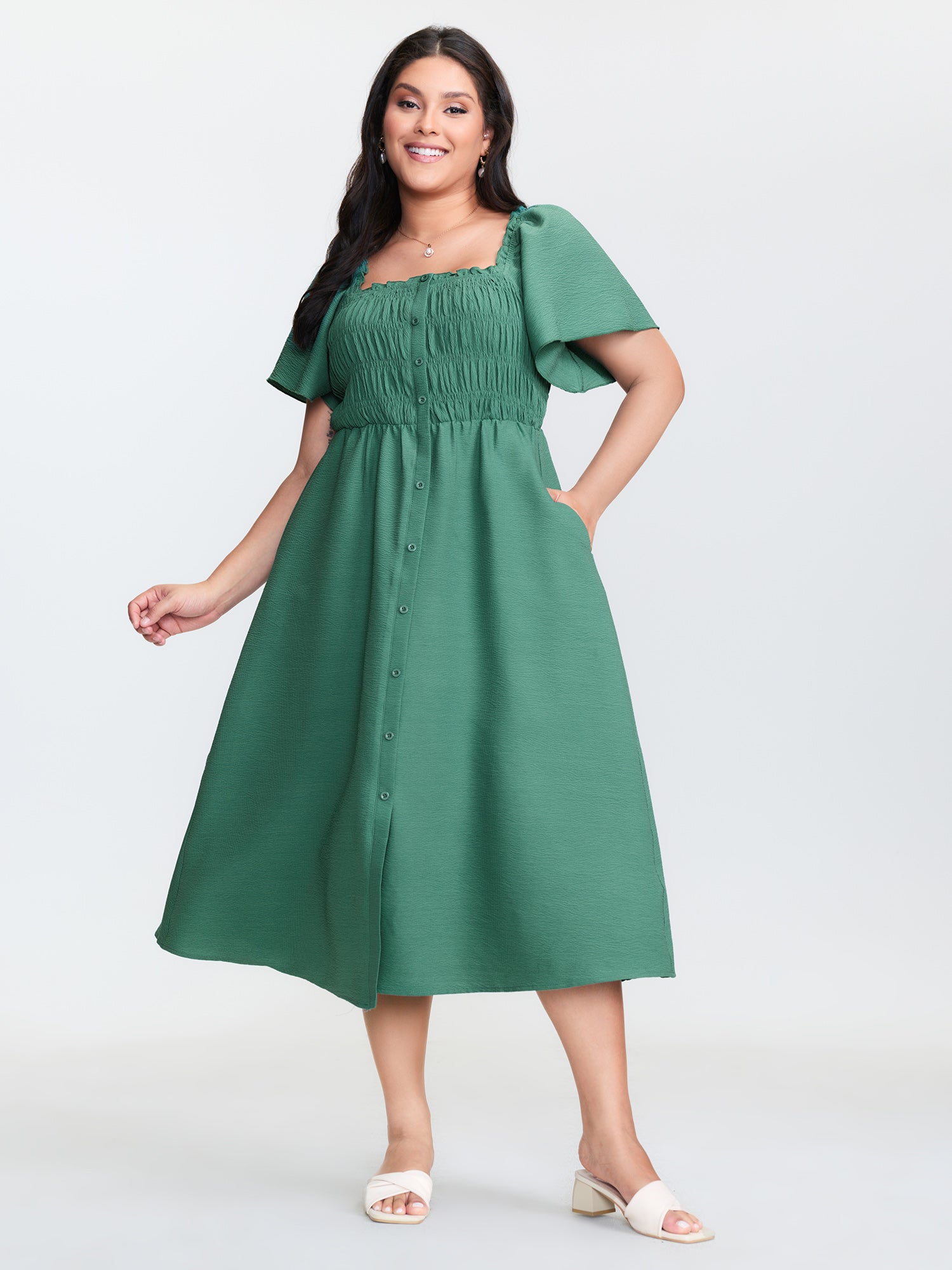Bust-Friendly Flared Sleeve Midi Dress