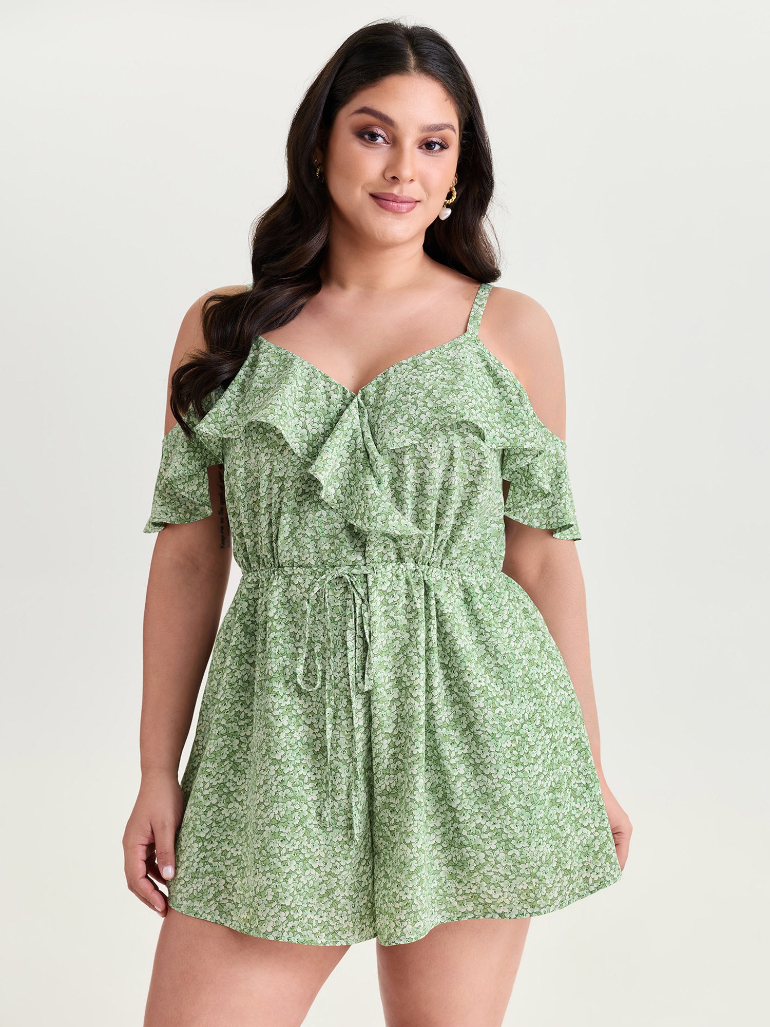 Ruffled Floral Print Drawstring Waist Romper