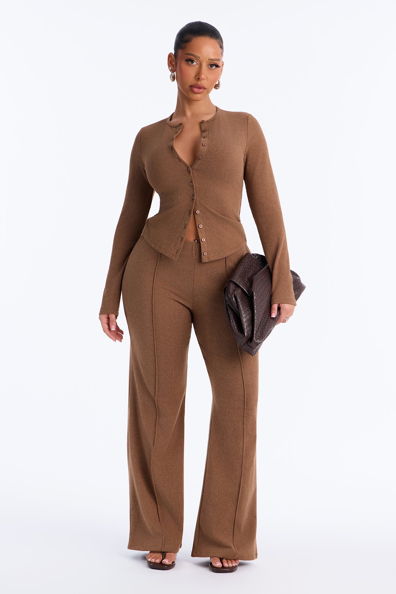 Bella Bliss Ribbed Pant Set - Brown
