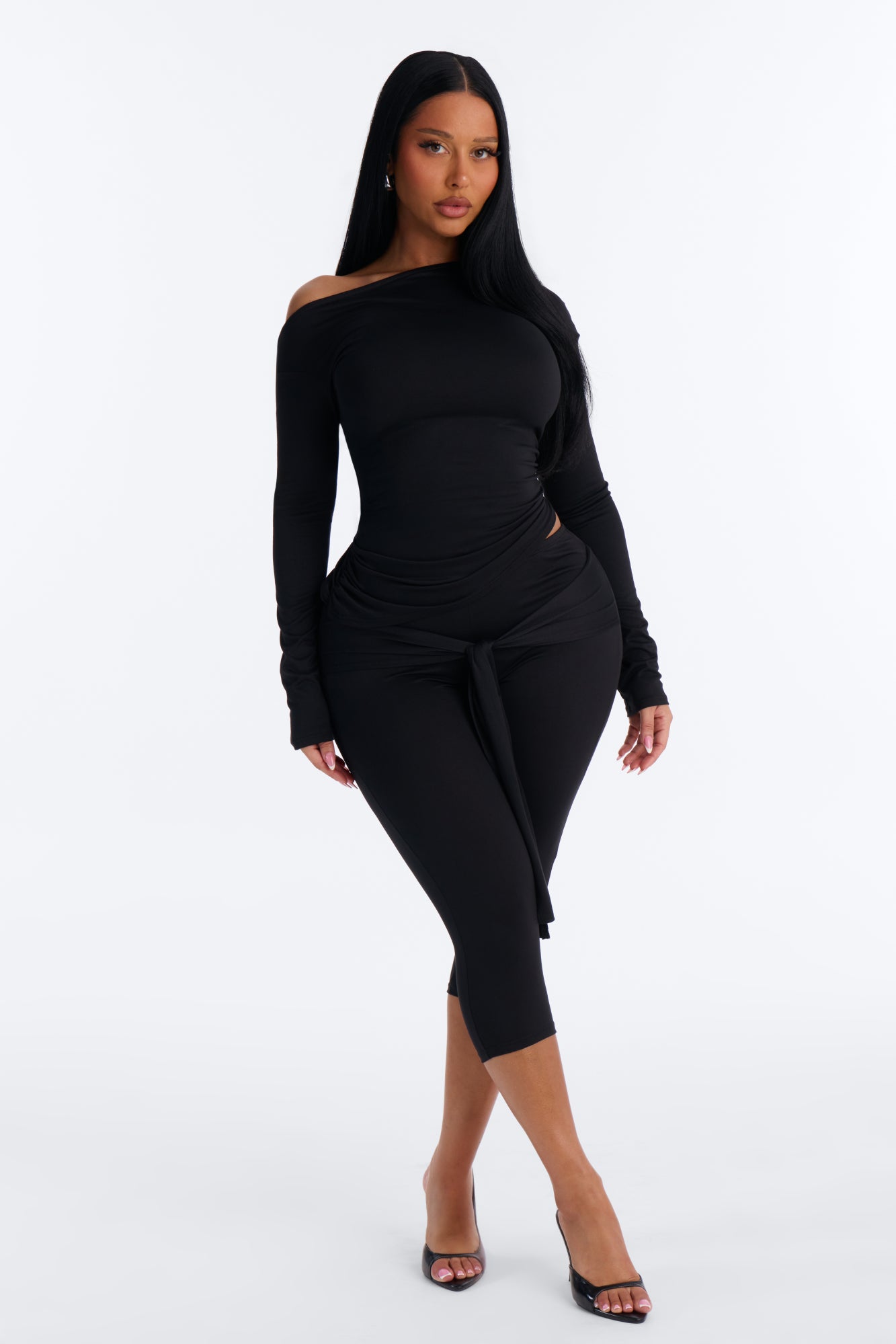 Leah Tie Waist Capri Set - Black