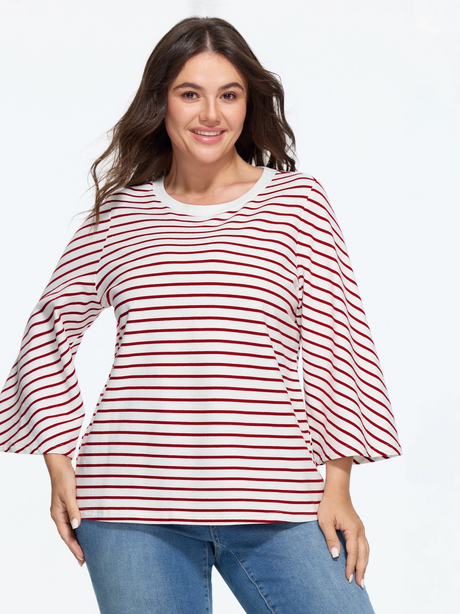 Cotton Crew Neck Striped Flare Sleeve Loose Fit Sweatshirt