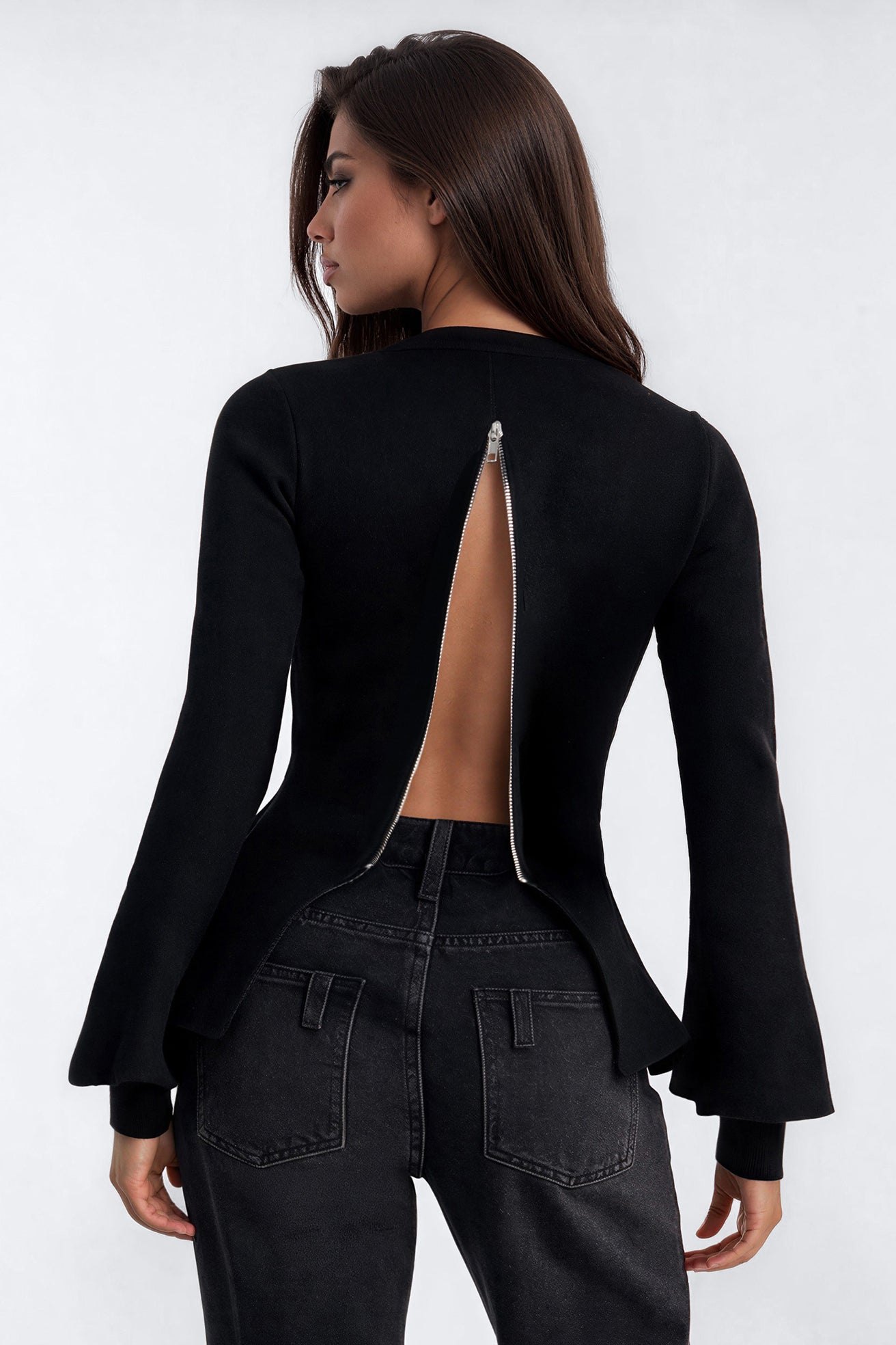 Celia Long Sleeve Zip Back Sweater - Black