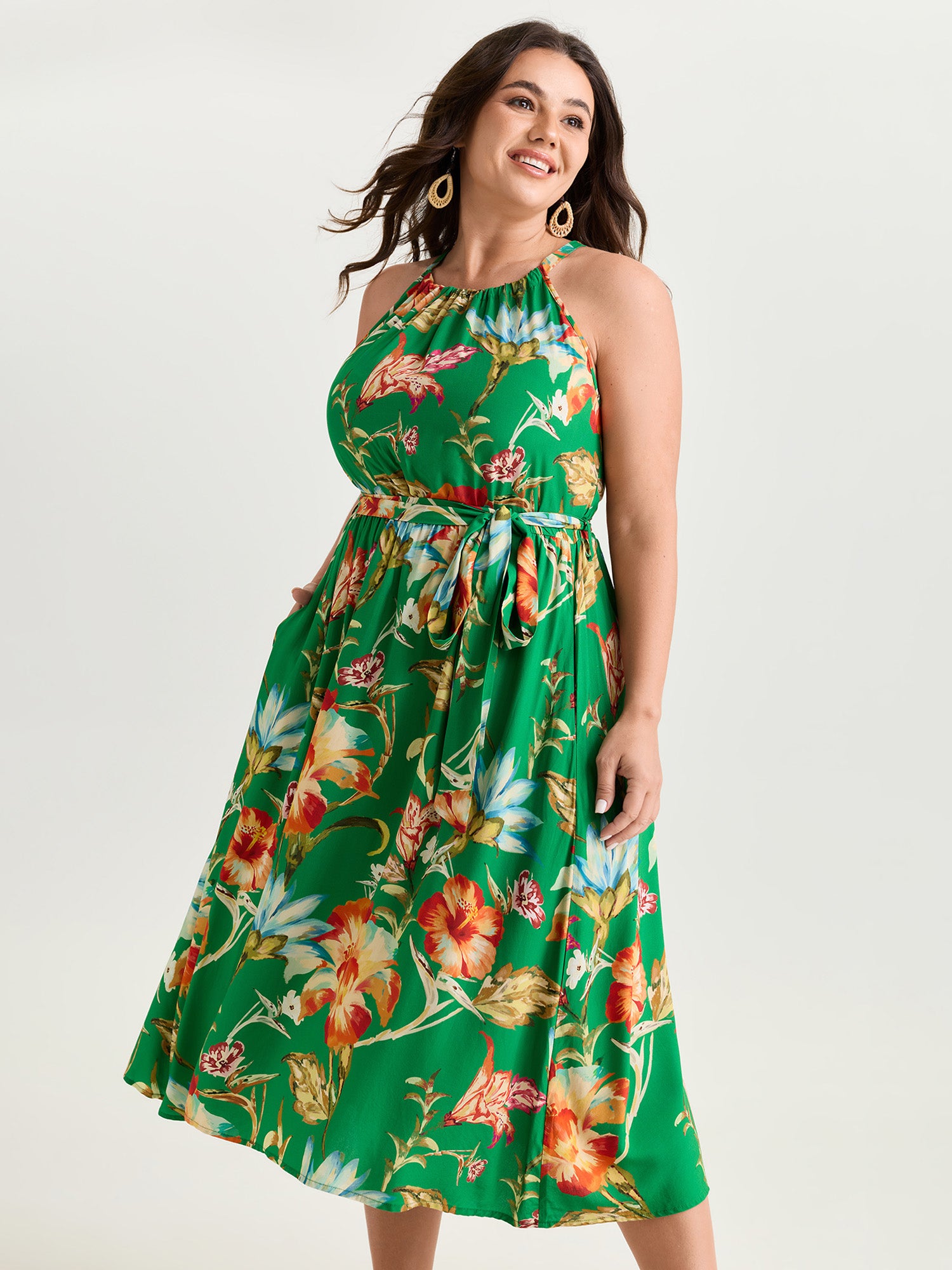 Large Floral Print Halter Neckline Midi Dress