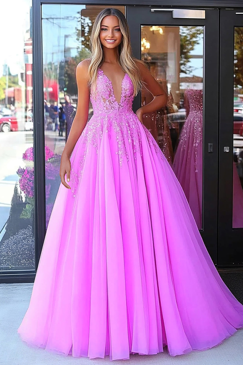 Long Fuchsia Prom Dress in A-Line Silhouette with Spaghetti Straps and Sequined Tulle Appliques