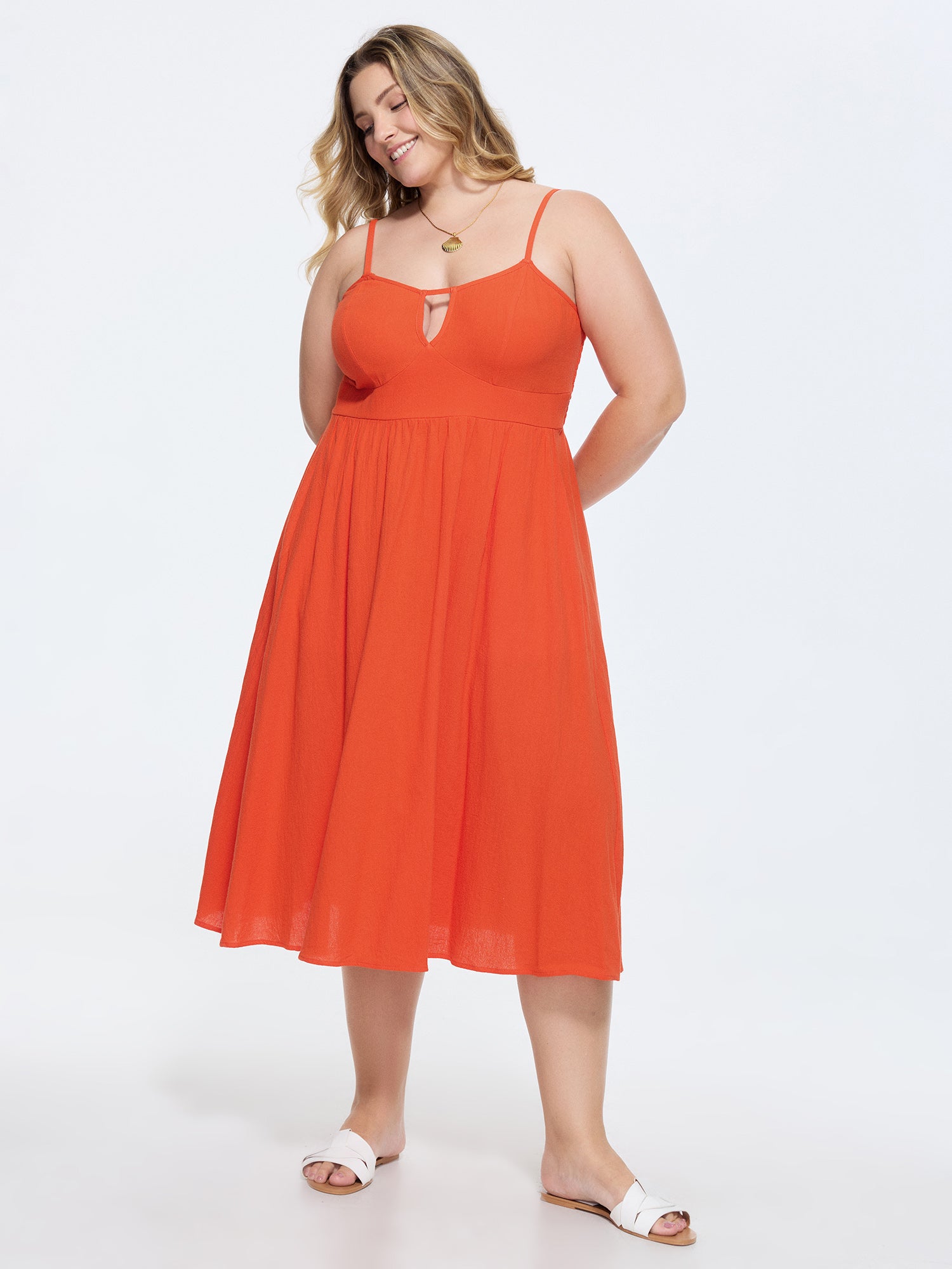 Cotton Plain Shirred Back Cut-Out Midi Dress