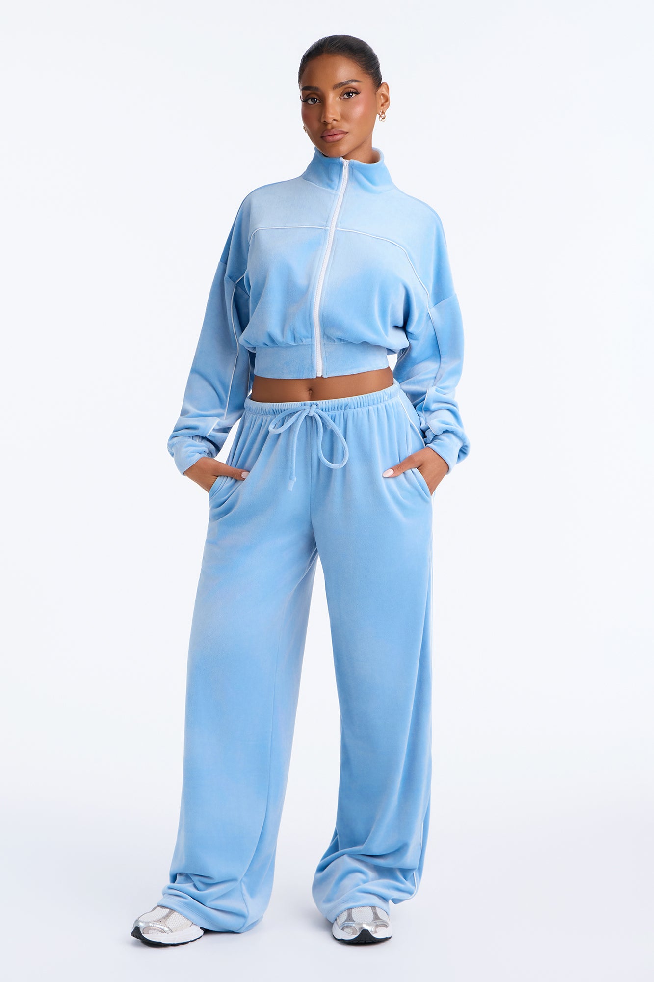 So Sporty Mock Neck Velour Pant Set - Blue