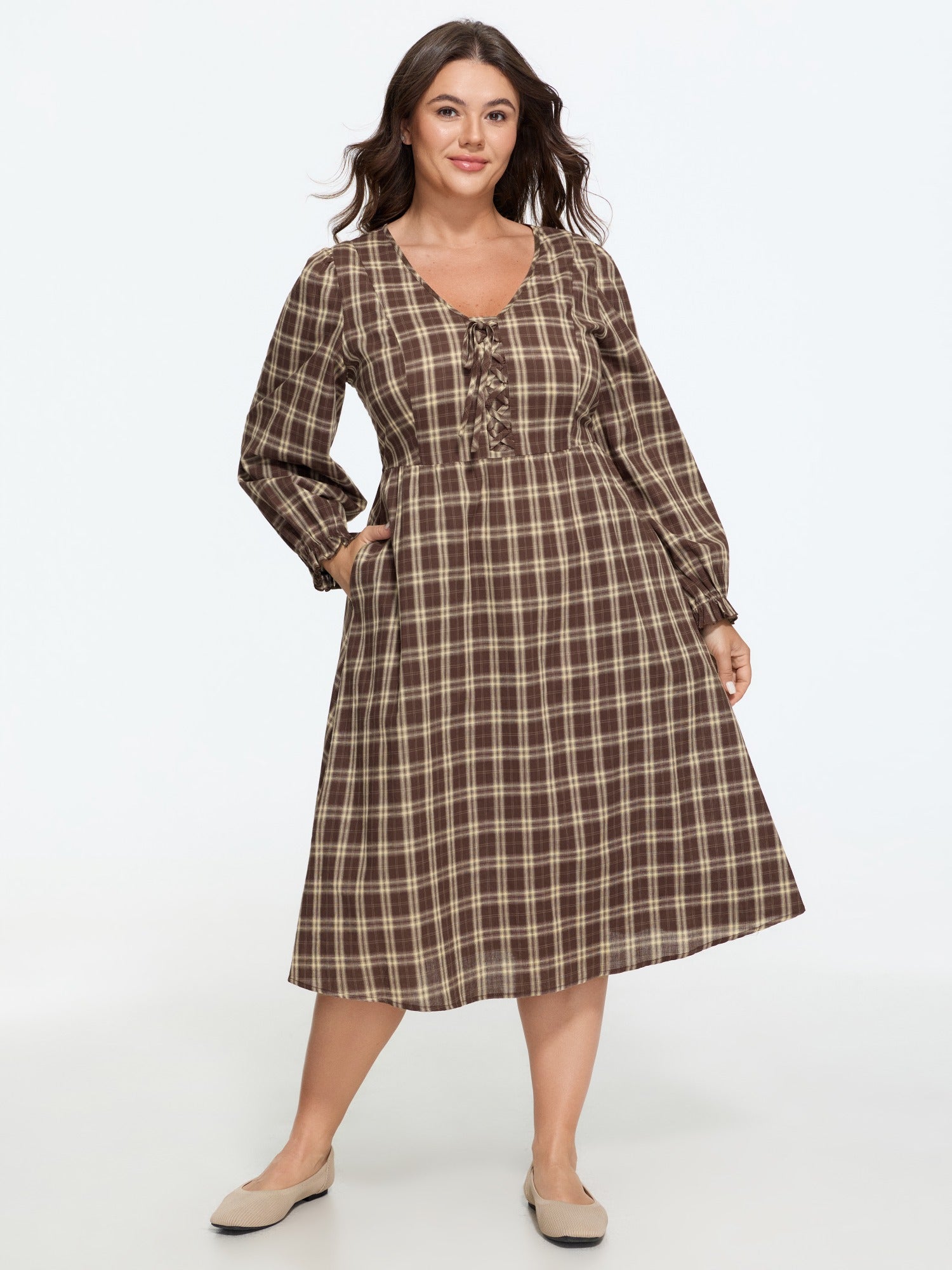 Plaid V Neck Tie Front Midi Dress
