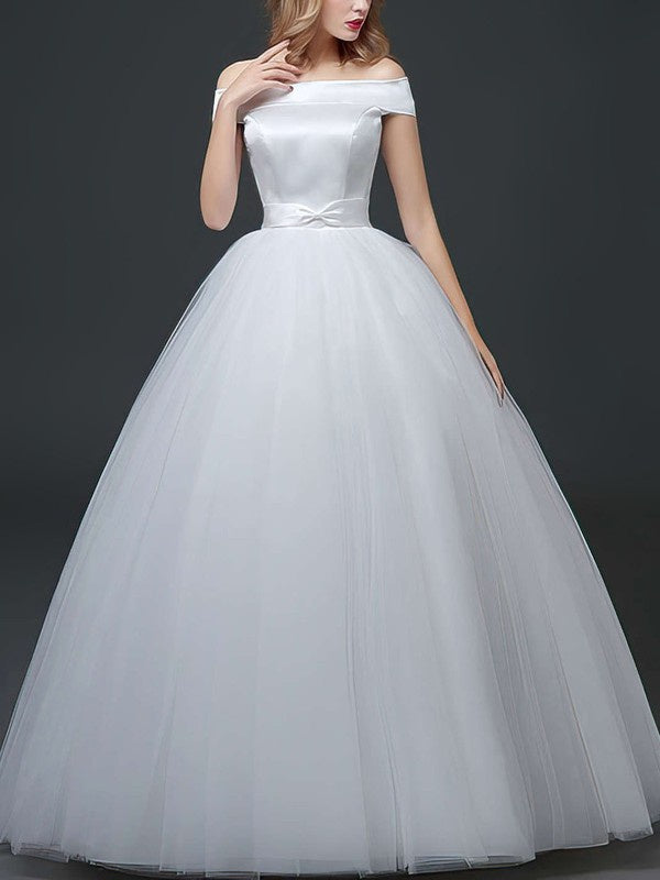 Glamorous Off-The-Shoulder Ball Gown Tulle Wedding Dresses with Sash