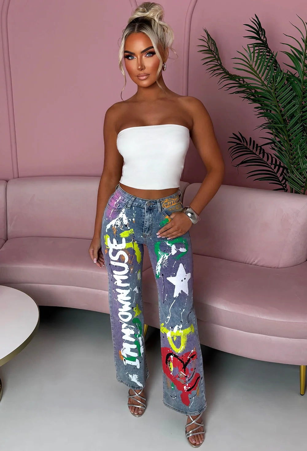 The Muse Mid Wash Stretch Graffiti Wide Leg Jeans