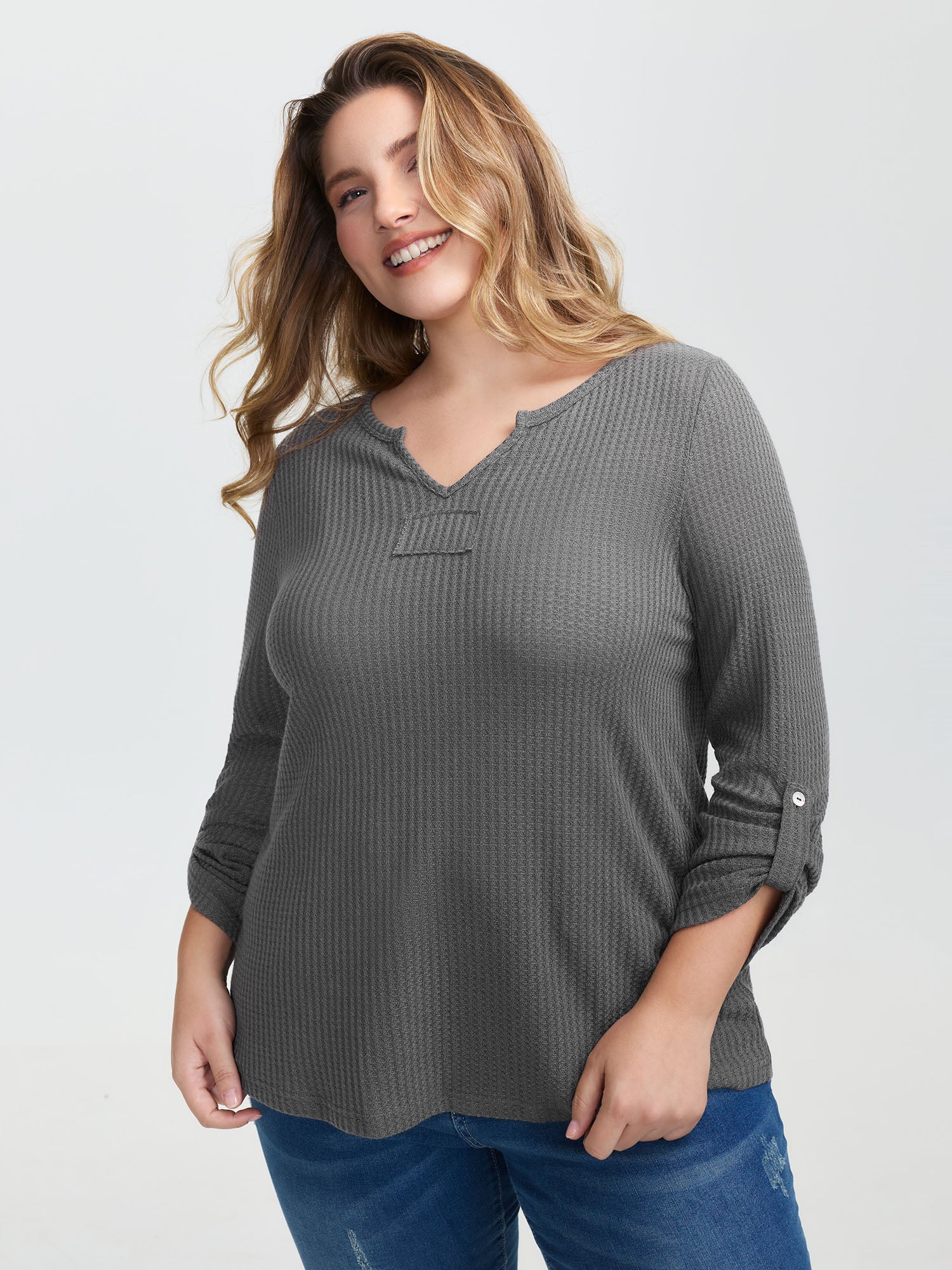 Notched Neck Tab Sleeve Waffle T-Shirt