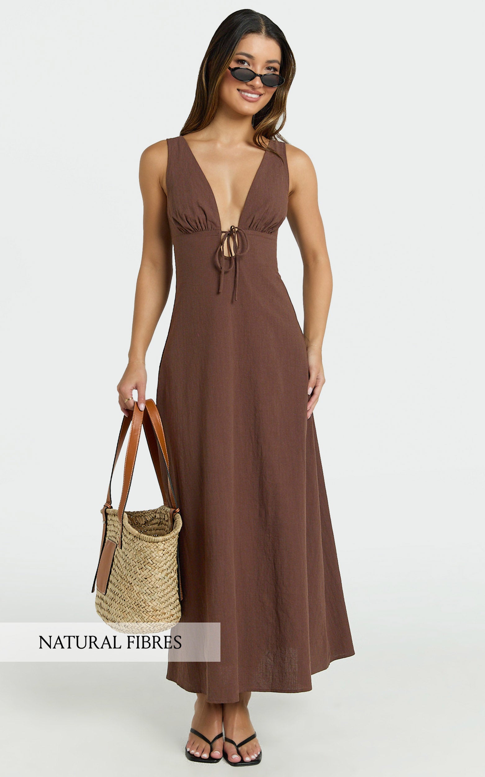 Silvena Midi Dress - V Neck Tie Front A Line Dress in Chocolate