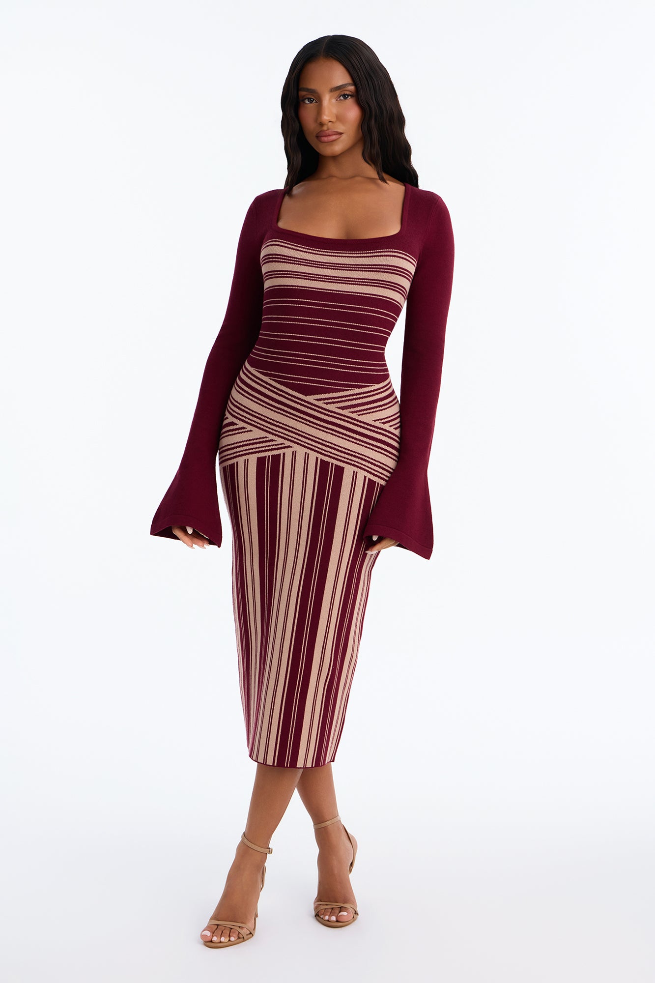 Stay In Line Bell Sleeve Sweater Midi Dress - Burgundy/combo