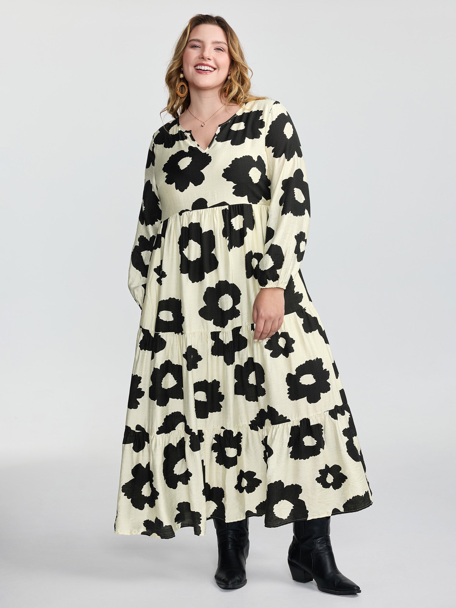 Monochrome Floral Print Tiered Maxi Dress