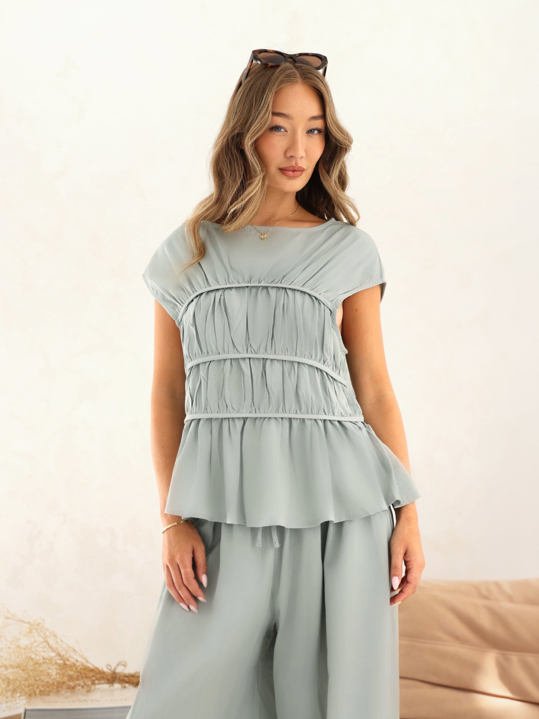 Alessia Linen Frill Top - Soft Sage