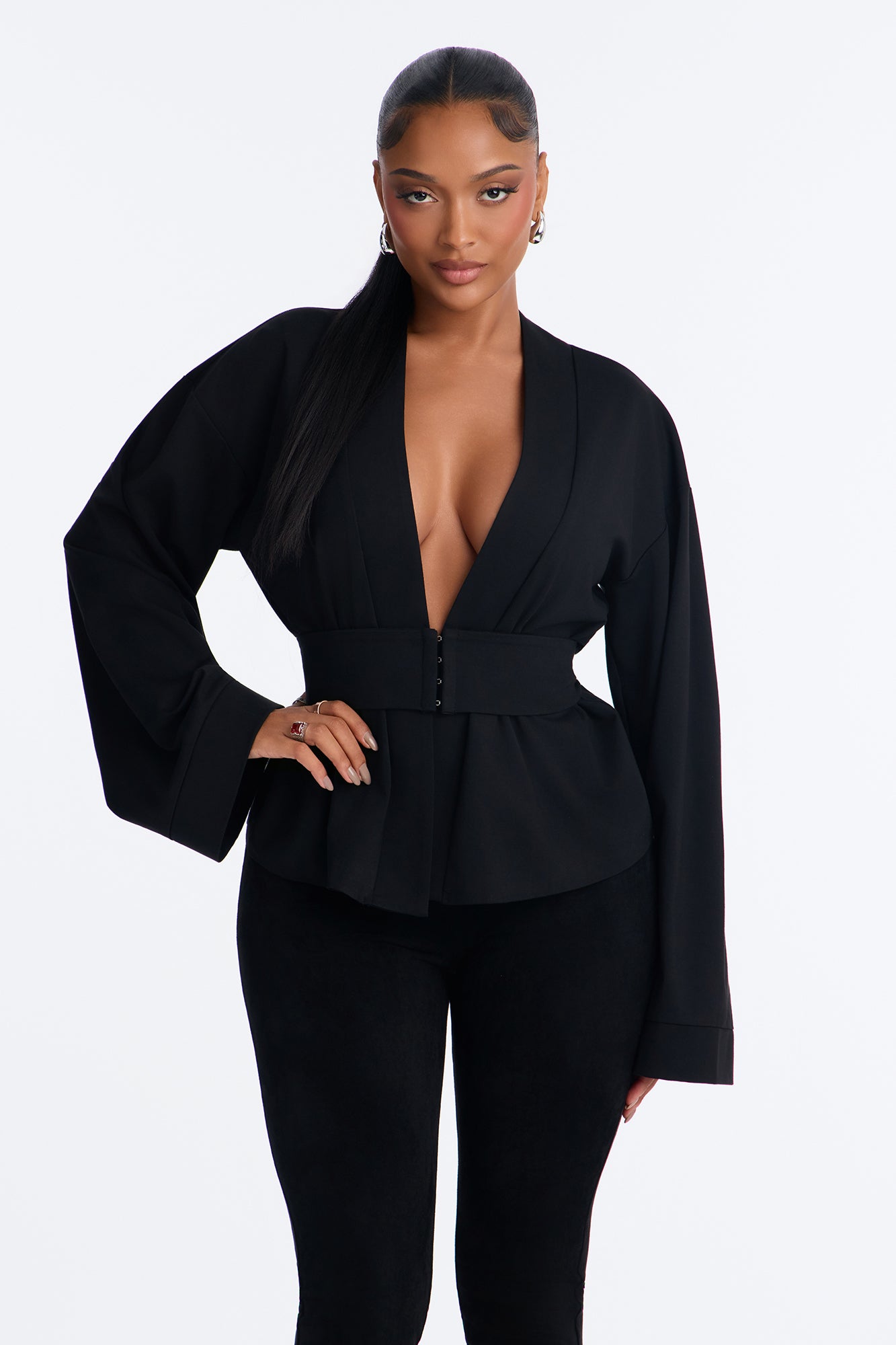 City Business Belted Long Sleeve Top - Black