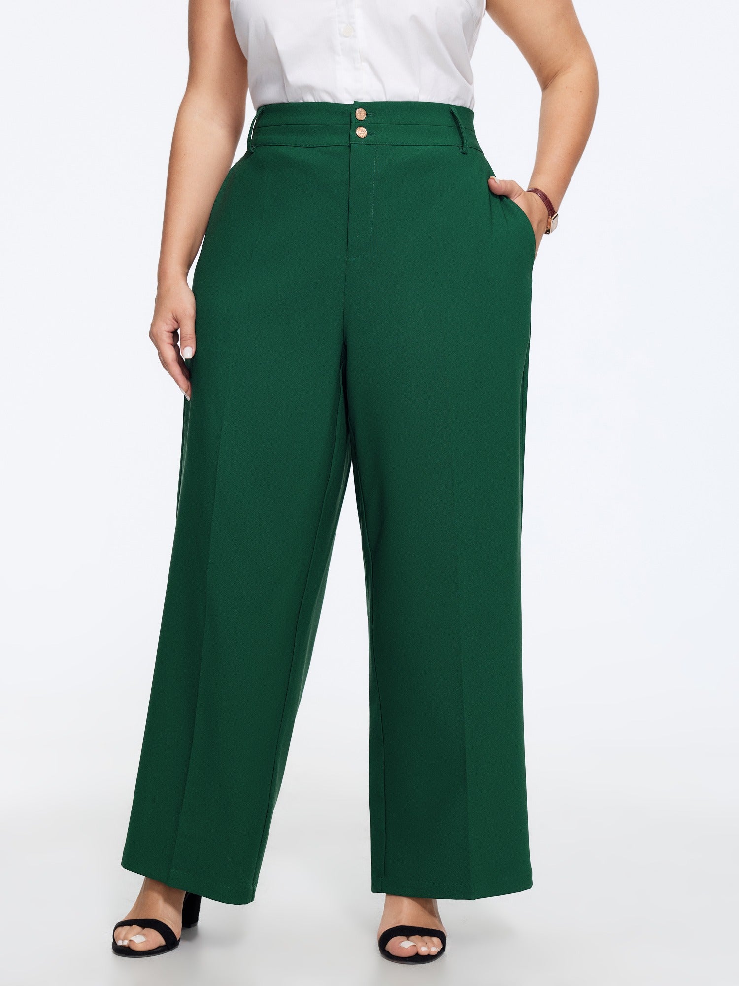 Stretchy Double‑Button Pockets Wide Leg Pants