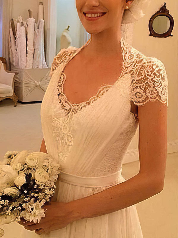 Beautiful Sweep Train A-Line V-Neck Short Sleeves Chiffon Lace Wedding Dresses