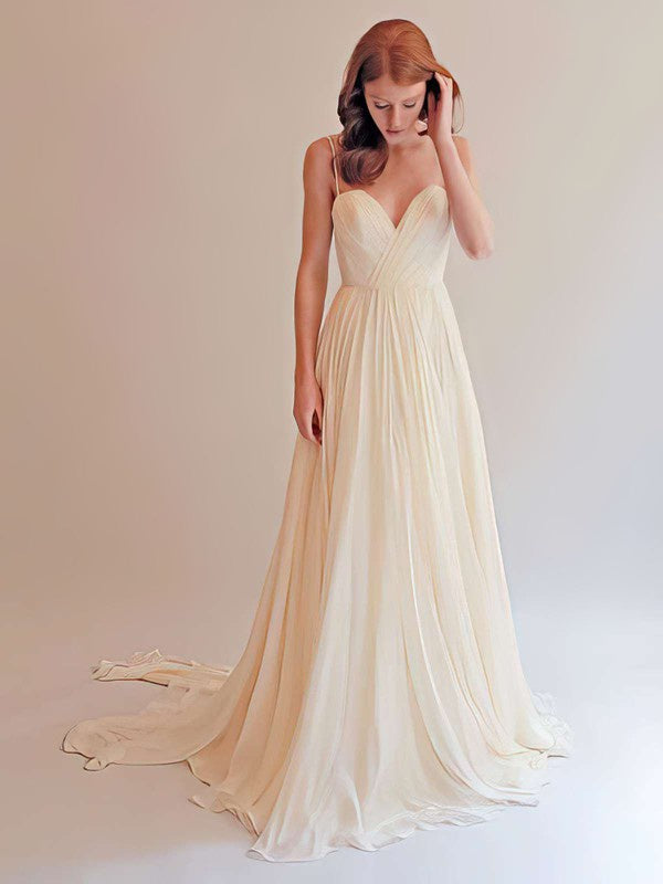 Gorgeous Spaghetti Straps A-Line Sweetheart Chiffon Wedding Dresses with Ruffles