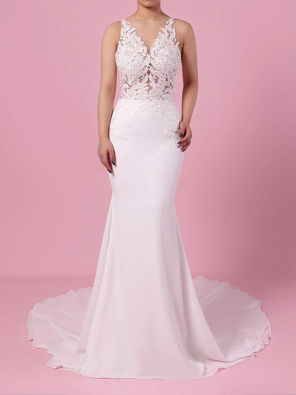 Charming Crew Sleeveless Chiffon Court Train Mermaid Wedding Dresses with Appliques