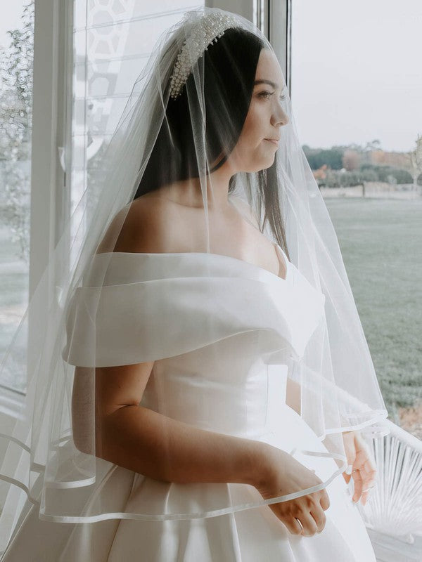 Deluxe Off-The-Shoulder V-Neck Satin Cathedral Train Wedding Dresses