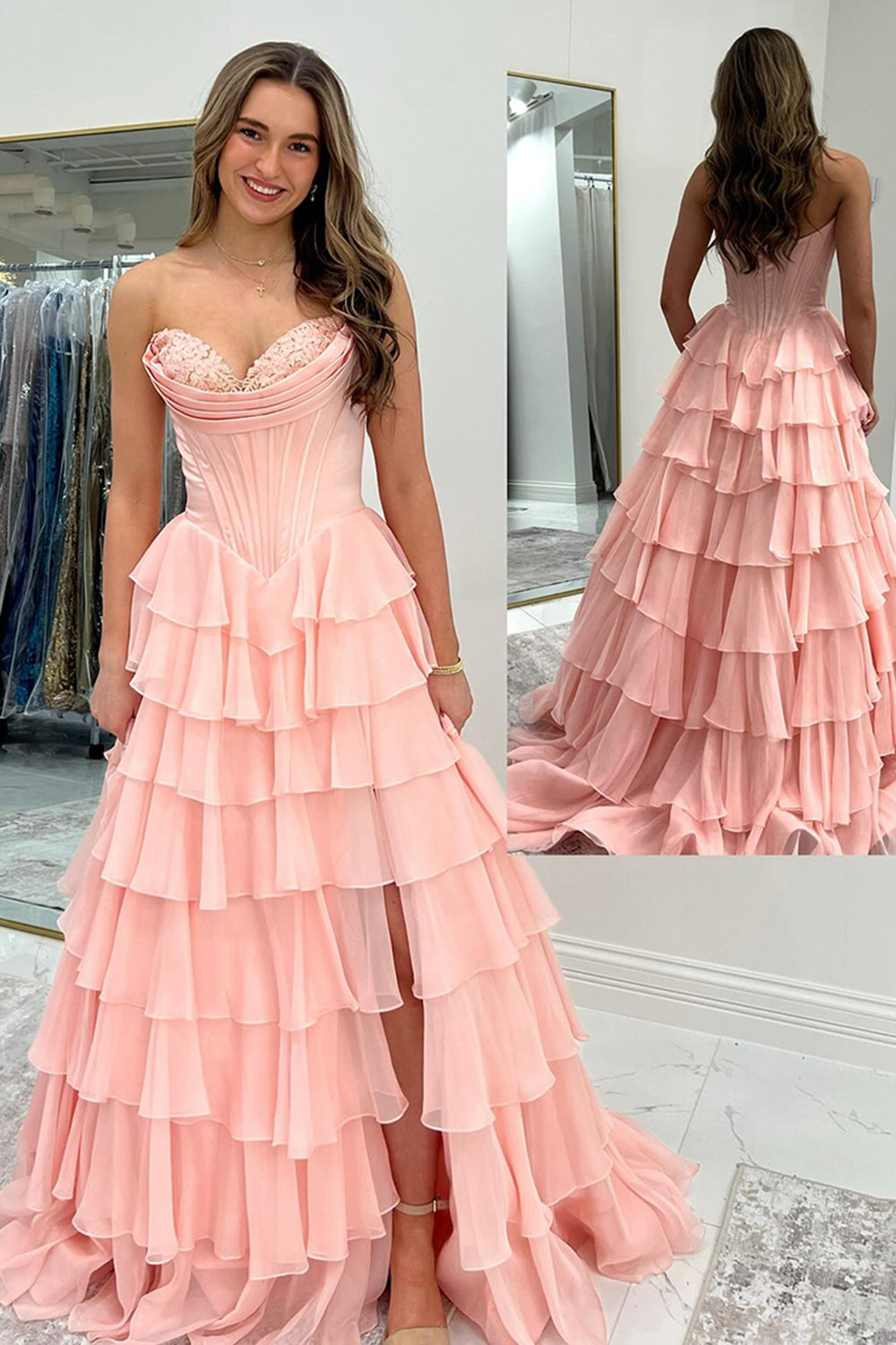 Sweetheart Princess Corset Dress in Light Pink with Tiered Chiffon and Slit