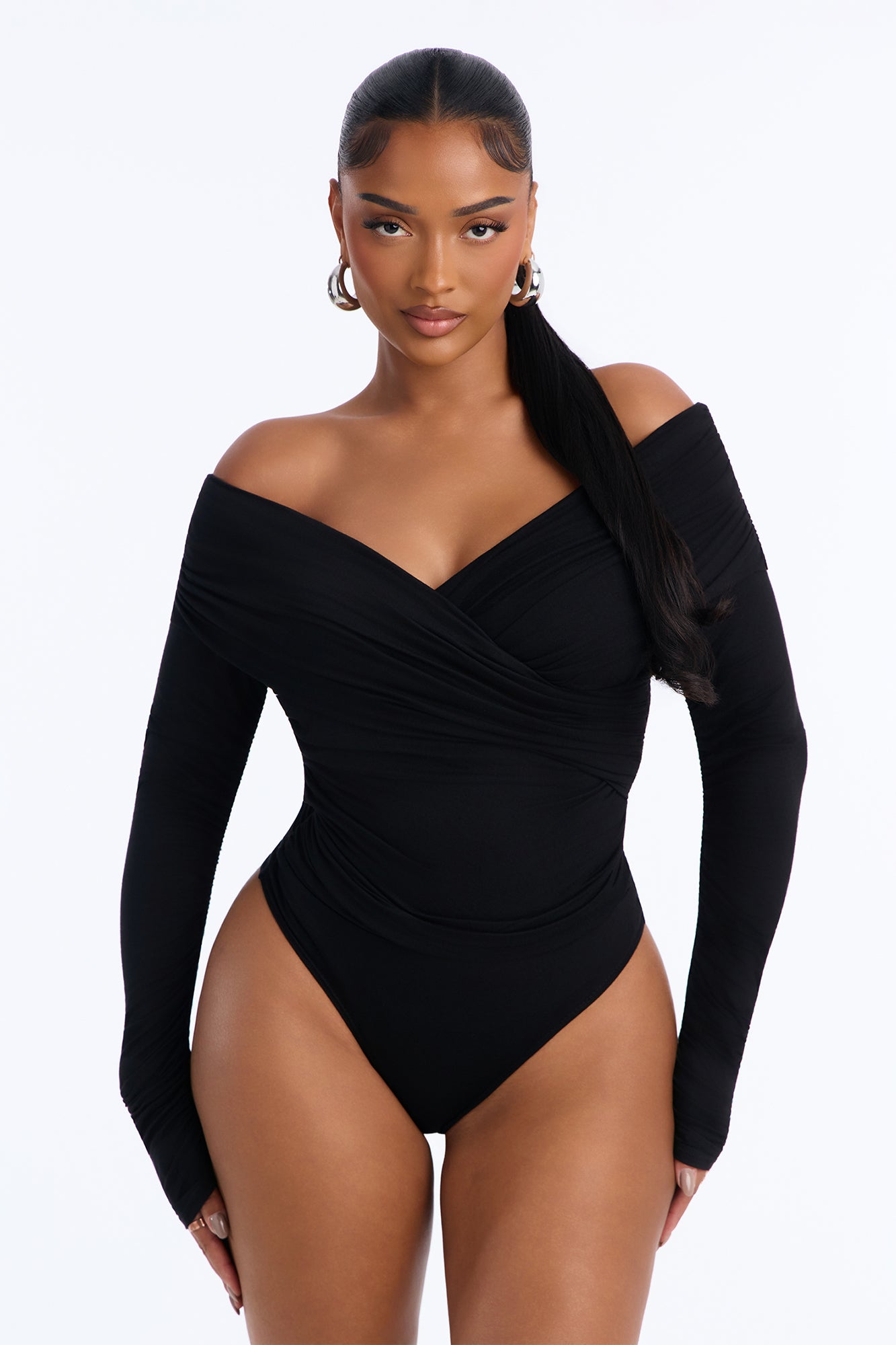 Milan Ruched Off Shoulder Long Sleeve Bodysuit - Black