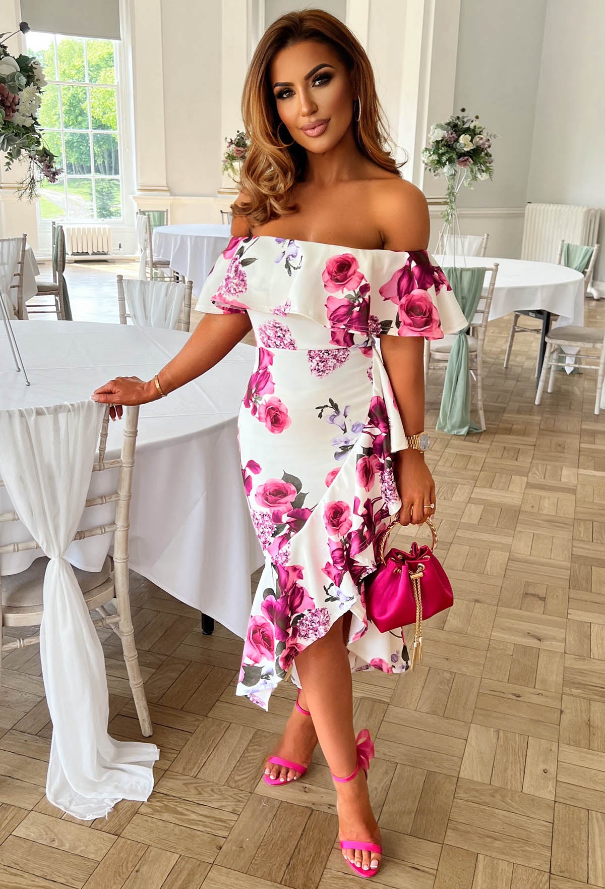 Perfect Love White Floral Bardot Midi Dress