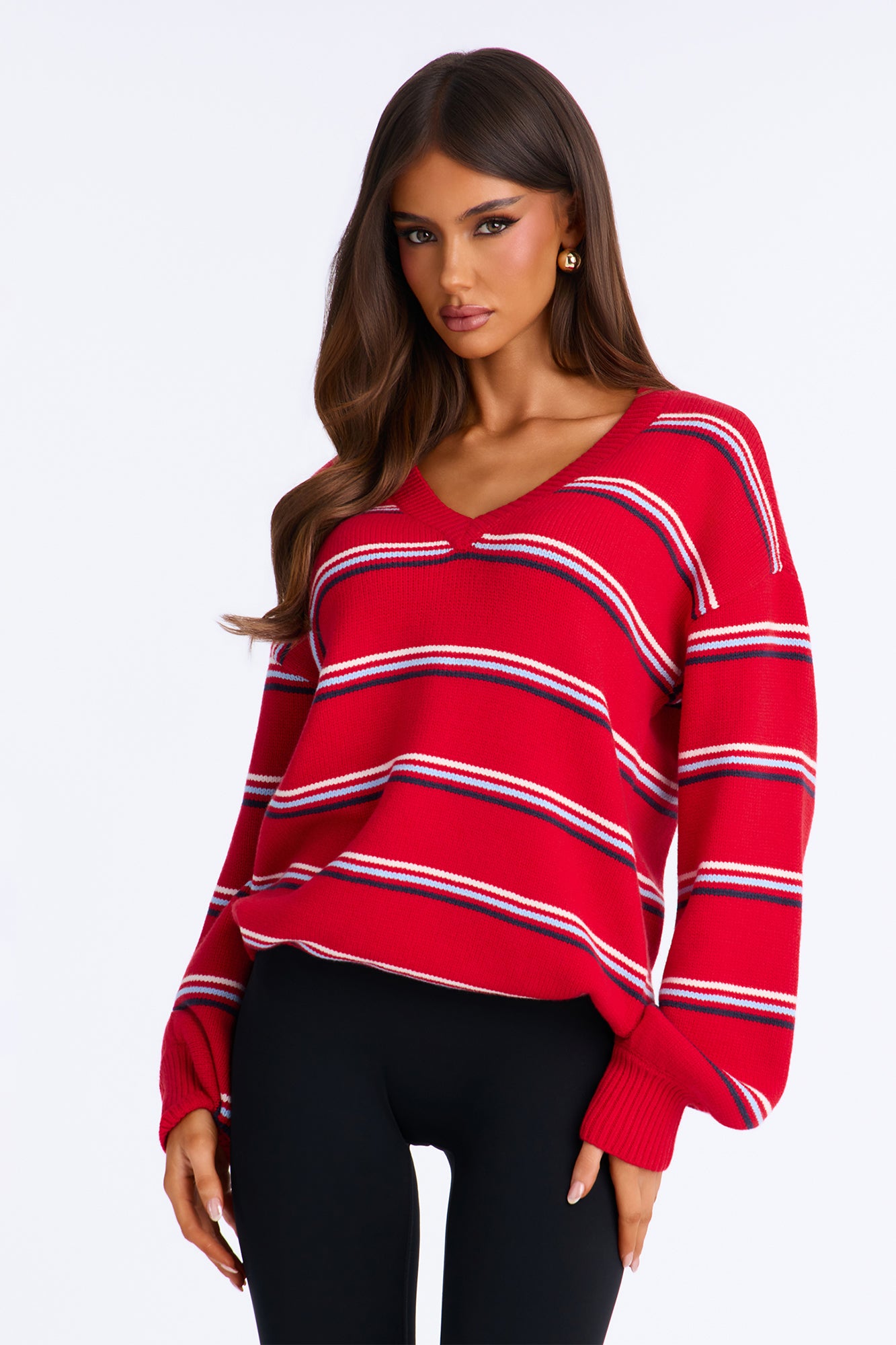 Mariah Long Sleeve Striped Pullover Sweater - Red/combo