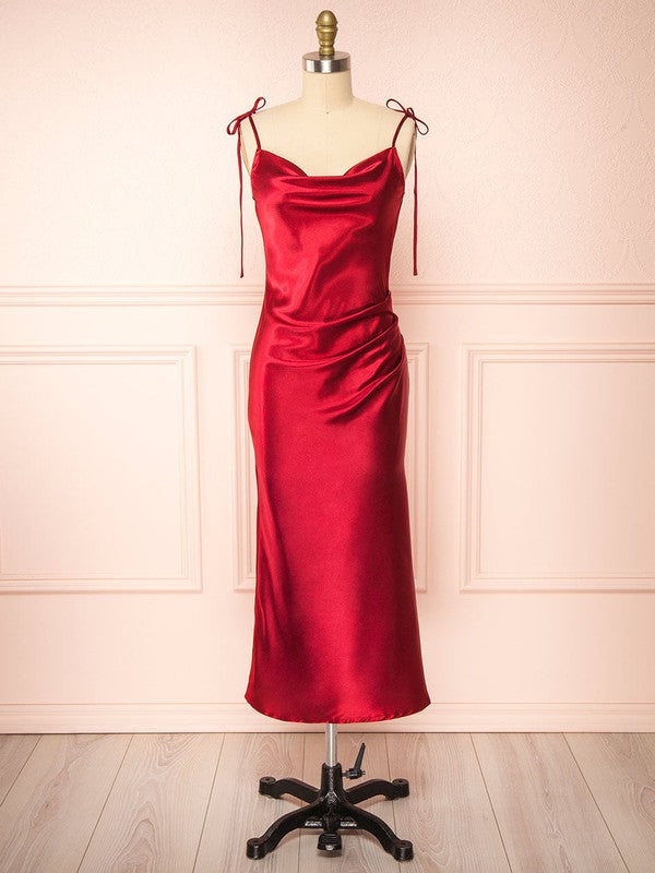 Sexy Satin Tea-Length Column Cowl Neck Sleeveless Bridesmaid Dresses