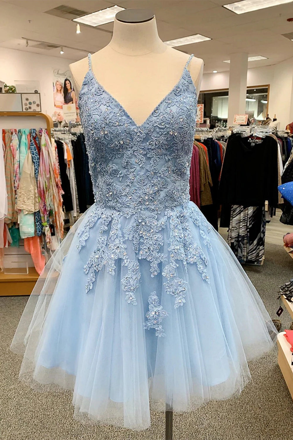 Blue Spaghetti Straps Homecoming Dress/Mini Dress With Appliques
