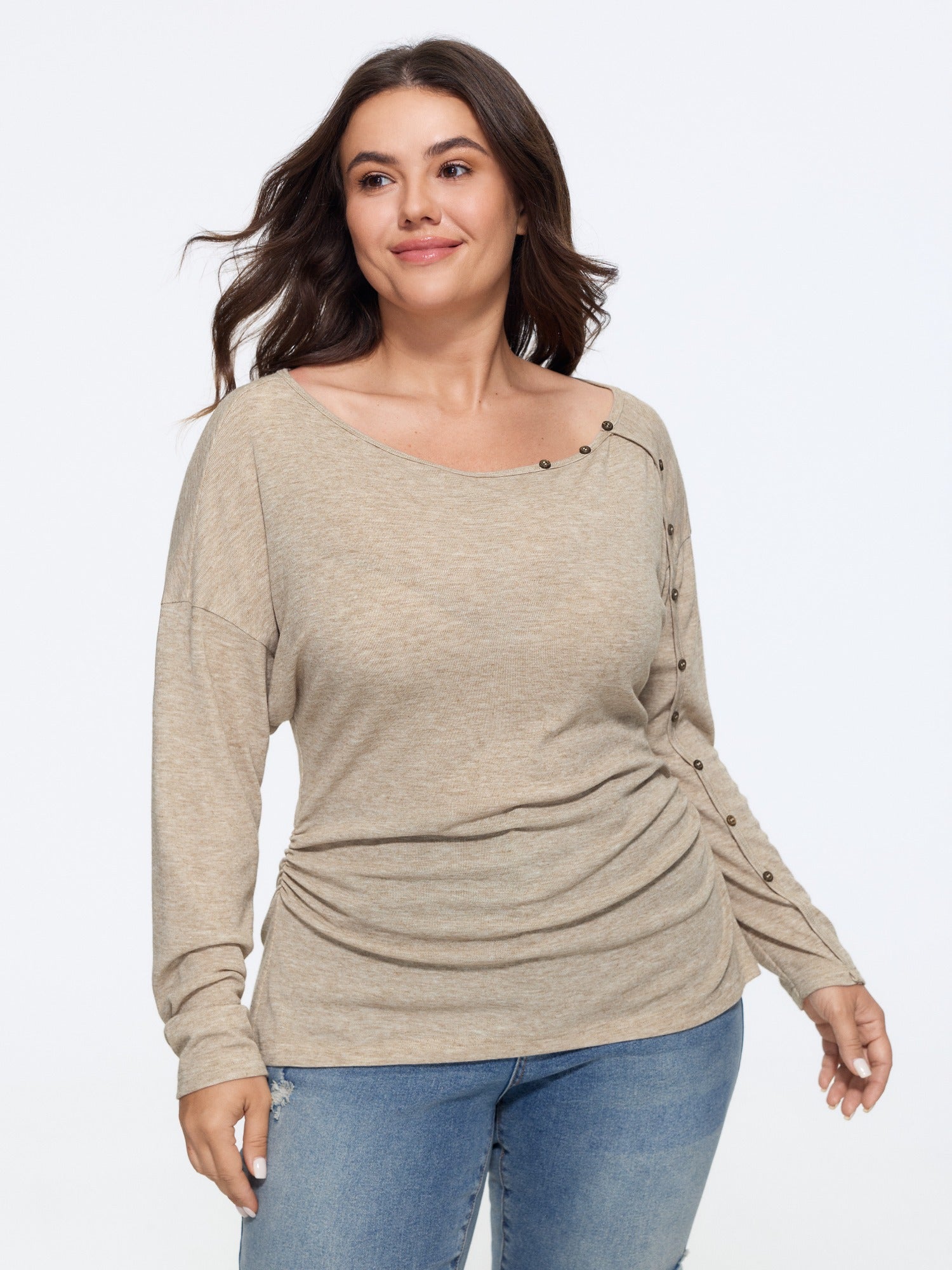 Asymmetric Neck Button Detail Long Sleeve T-Shirt