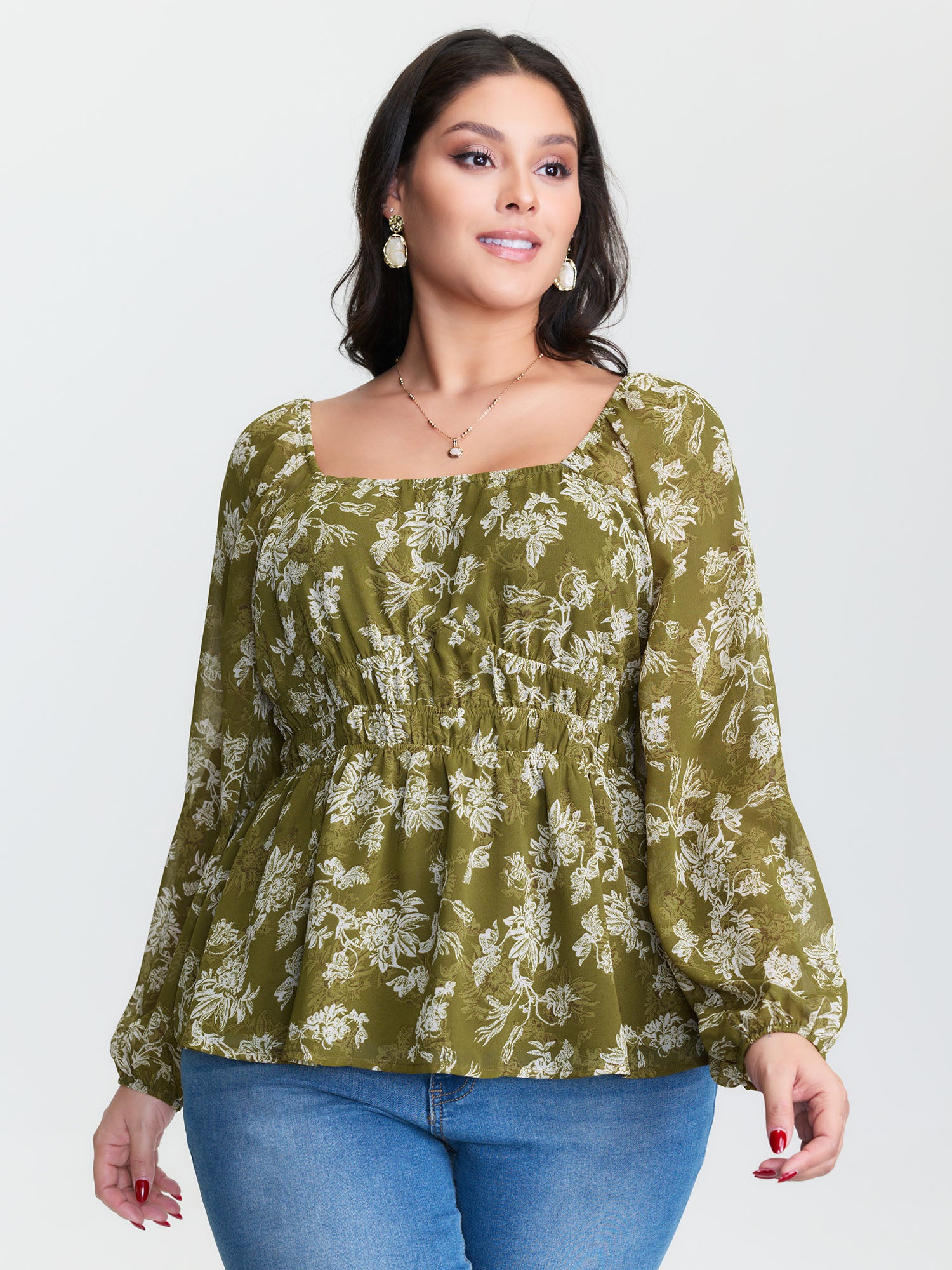Monochrome Floral Print Shirred Waist Blouse